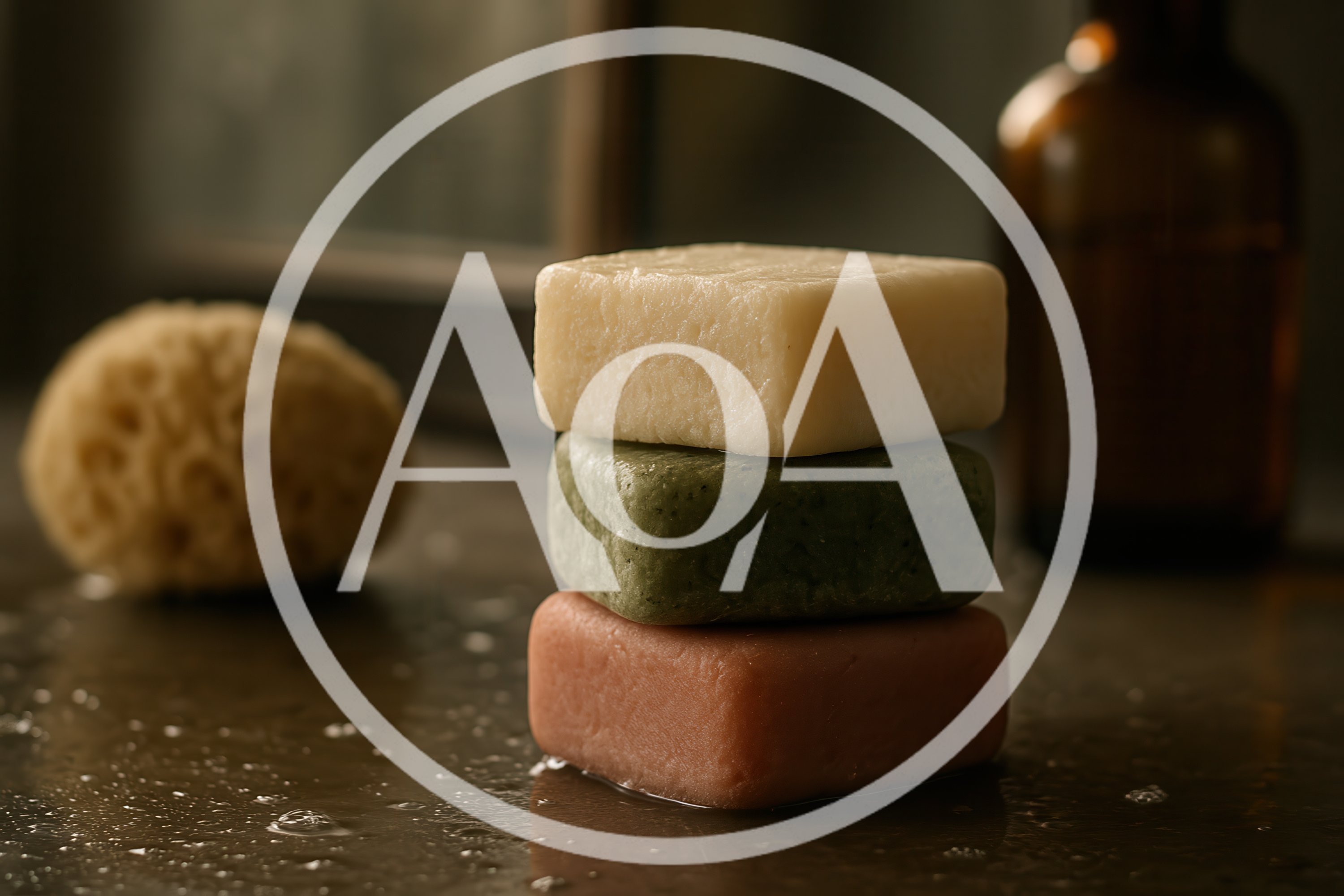 Stack of Three Natural Soap Bars on Wet Surface