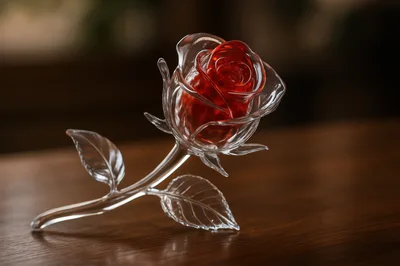 Glass Rose Sculpture With Red Center