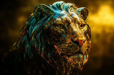 Majestic Golden Lion Sculpture With Iridescent Blue Highlights