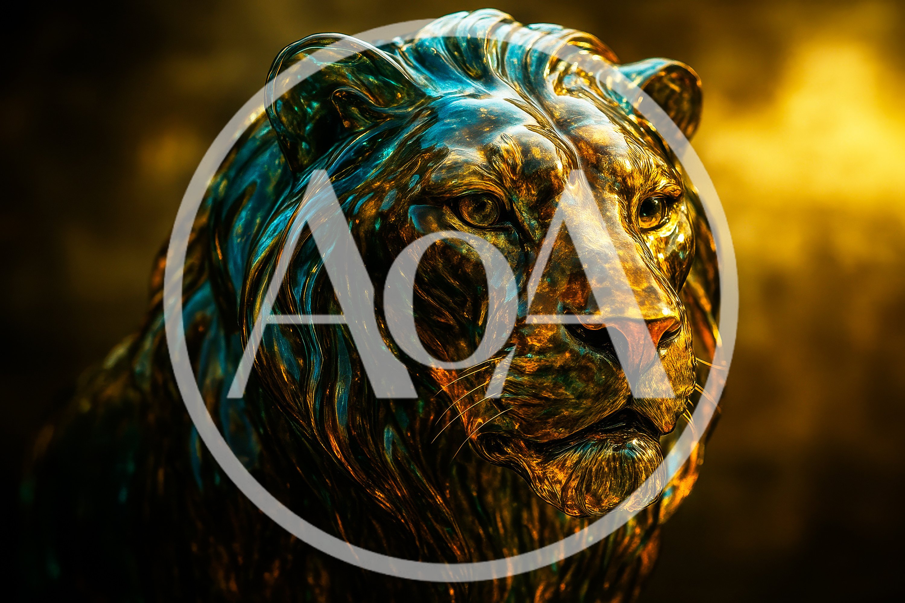 Majestic Golden Lion Sculpture With Iridescent Blue Highlights