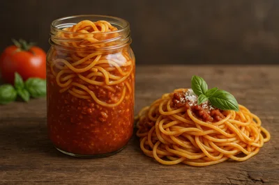 Spaghetti Bolognese Served In A Glass Jar And Plate