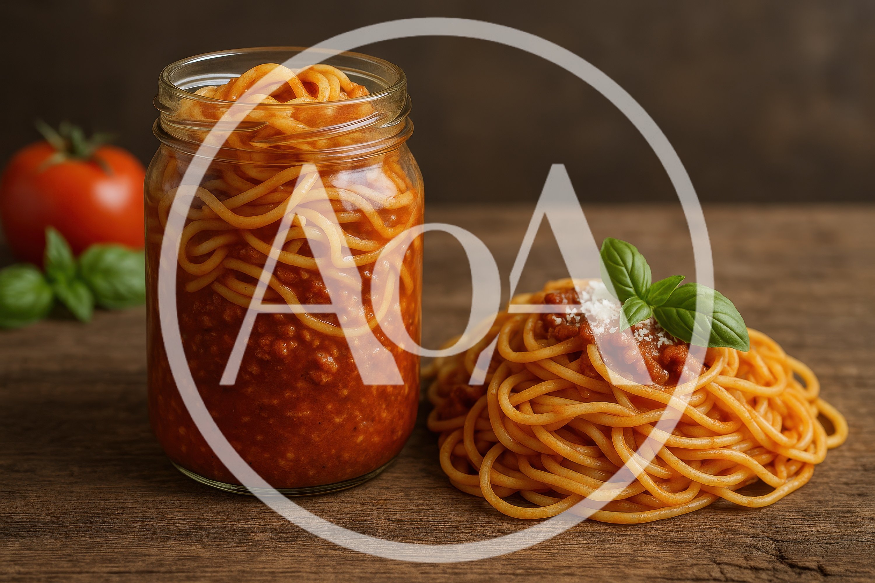 Spaghetti Bolognese Served In A Glass Jar And Plate