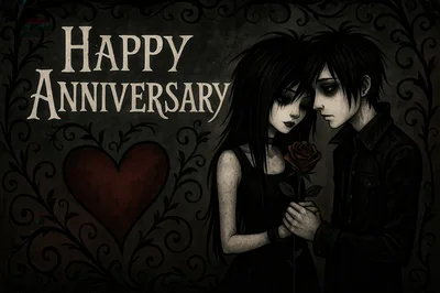 Gothic Couple Holding A Red Rose Anniversary Illustration