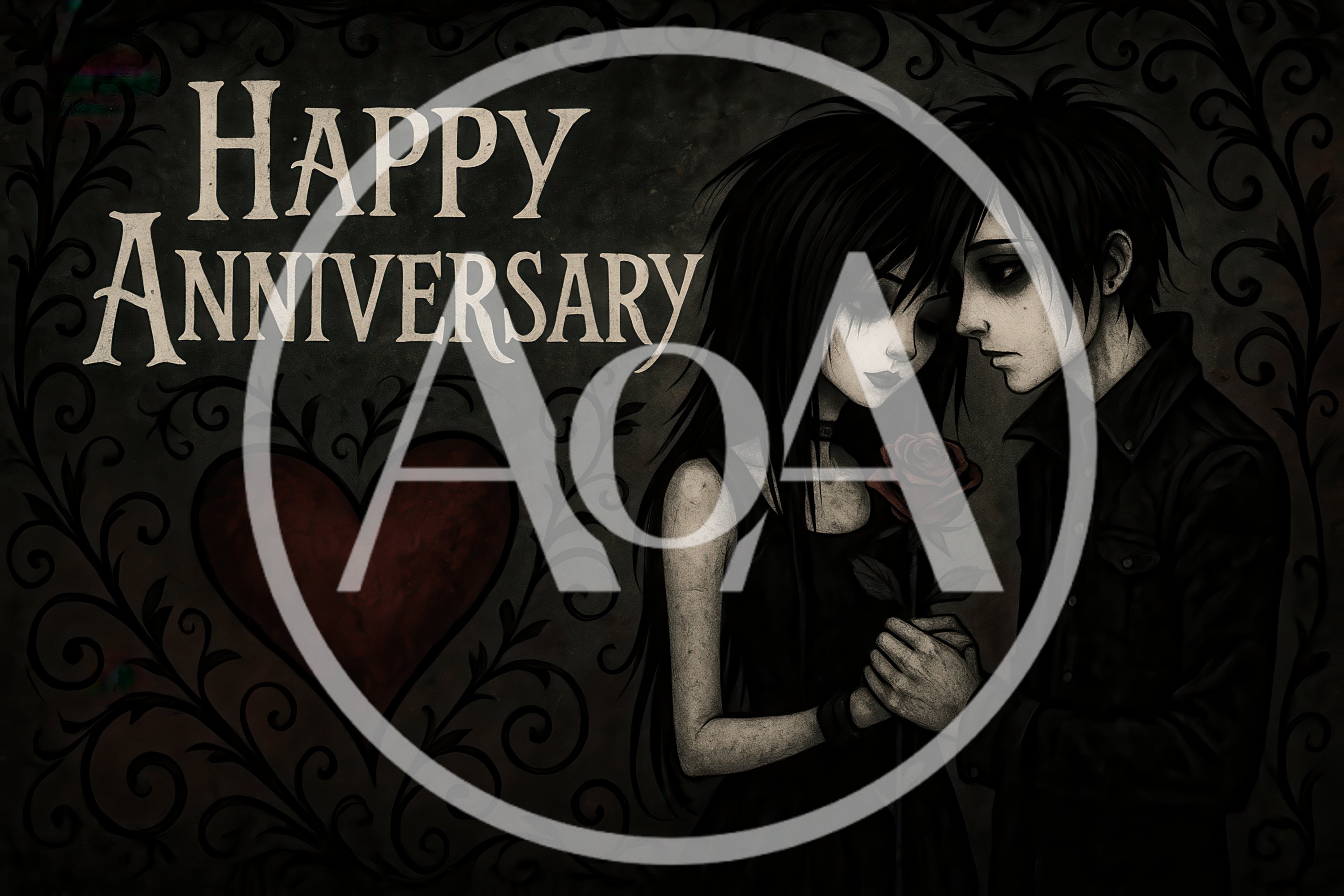 Gothic Couple Holding A Red Rose Anniversary Illustration