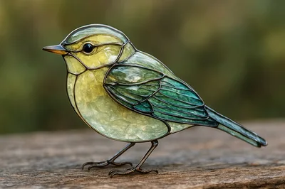 Stained Glass Bird Figurine On Wooden Surface