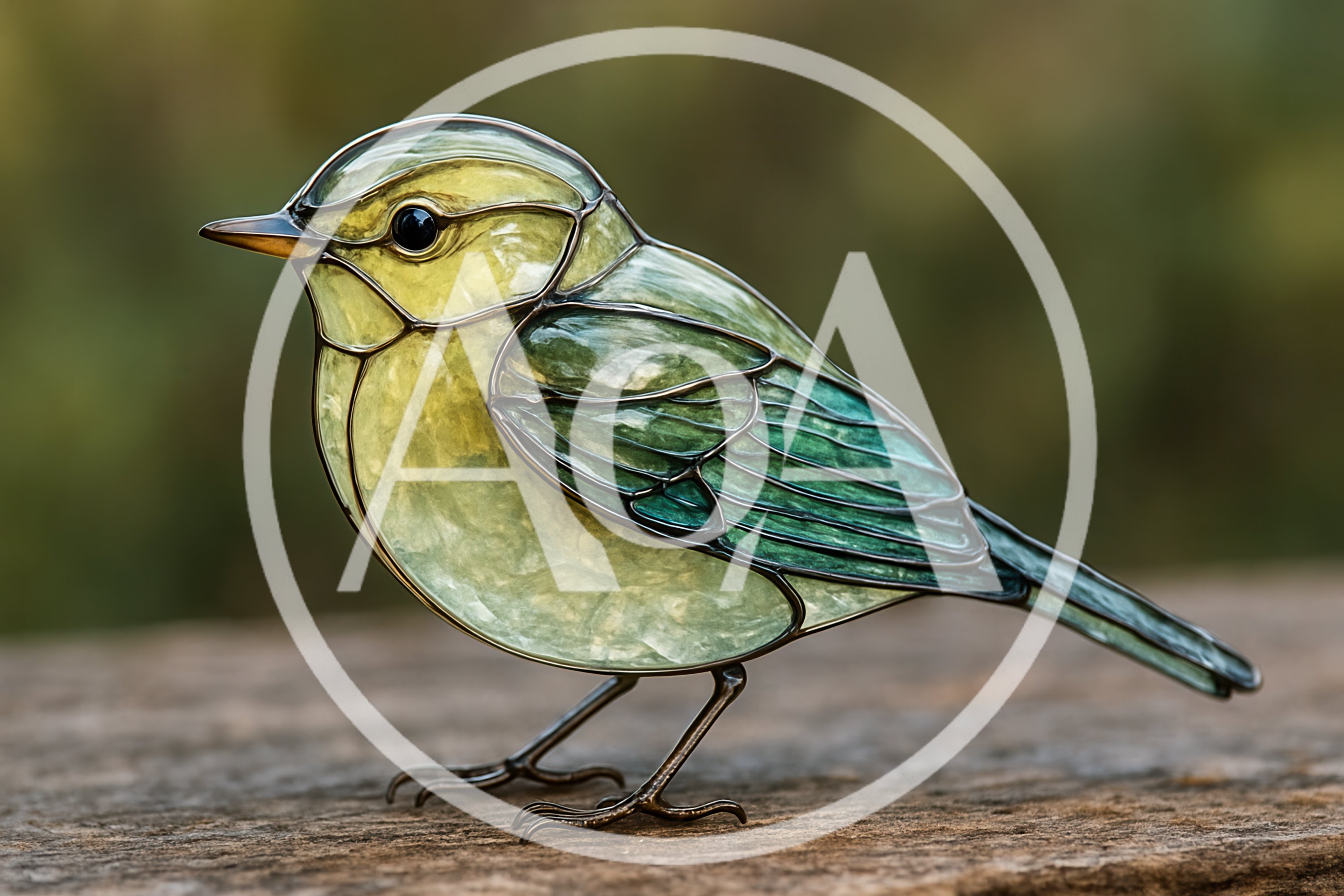 Stained Glass Bird Figurine On Wooden Surface