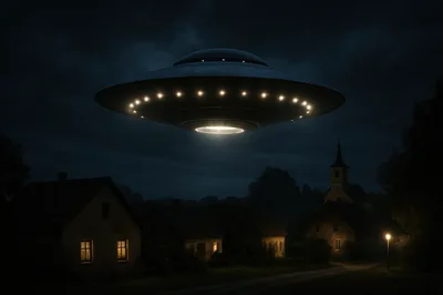 UFO Hovering Over A Quiet Rural Village At Night