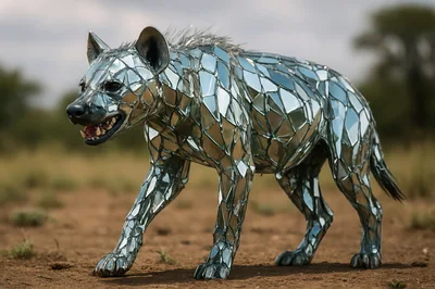 Mirrored Mosaic Hyena Sculpture In African Savanna