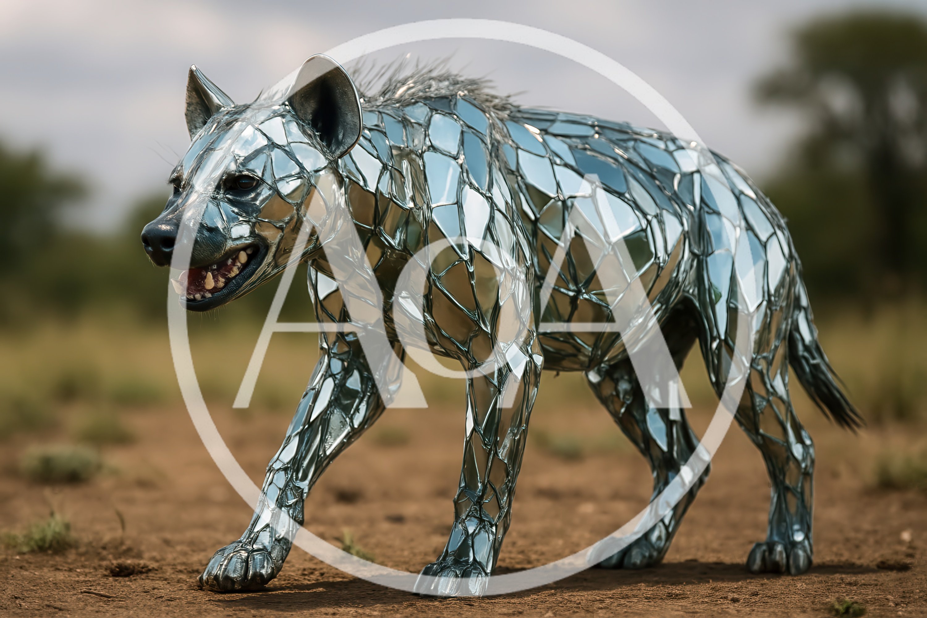 Mirrored Mosaic Hyena Sculpture In African Savanna