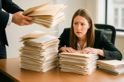 Overwhelmed Office Worker Receiving More Paperwork