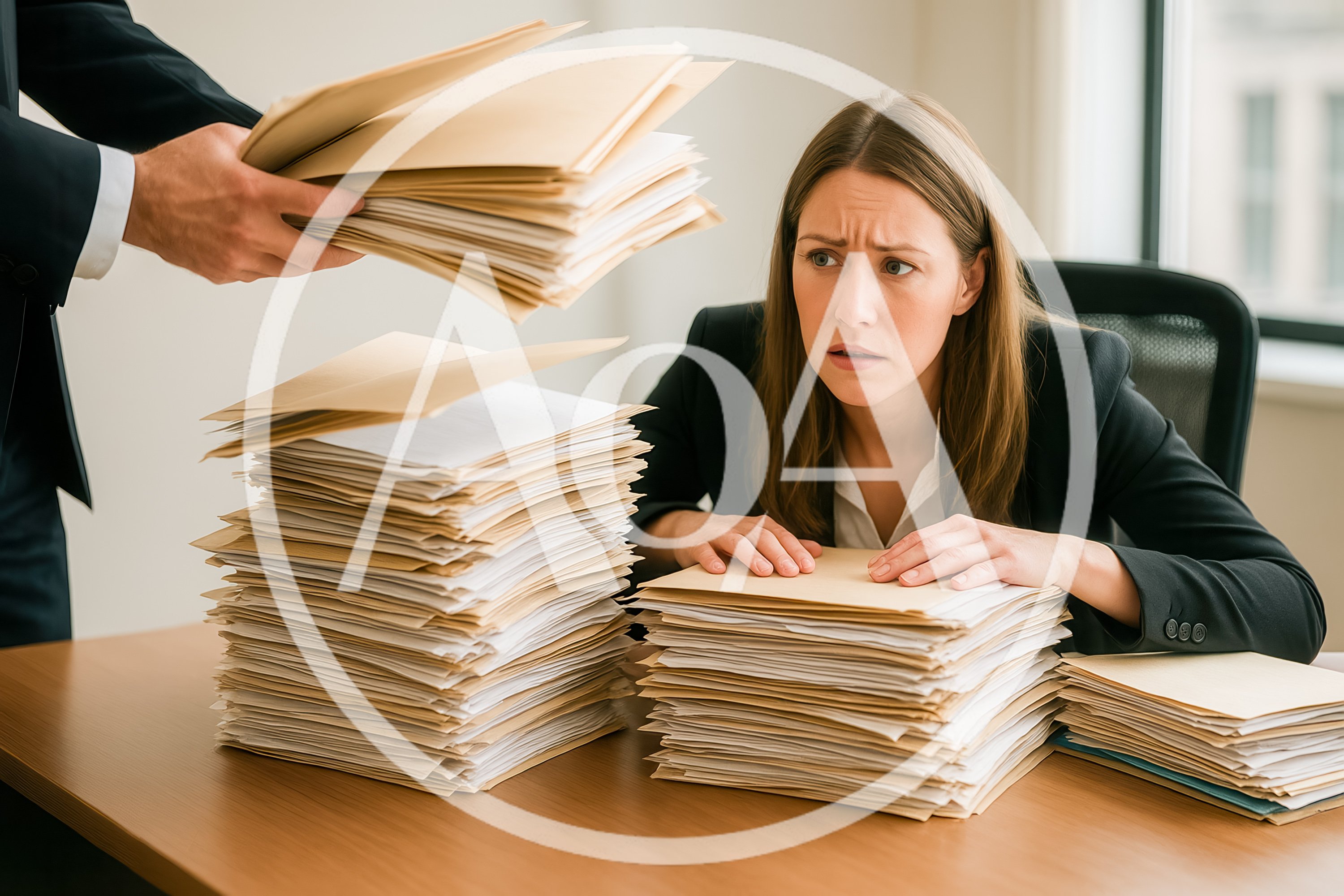 Overwhelmed Office Worker Receiving More Paperwork