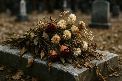 Dried Flower Bouquet Resting On A Cemetery Headstone
