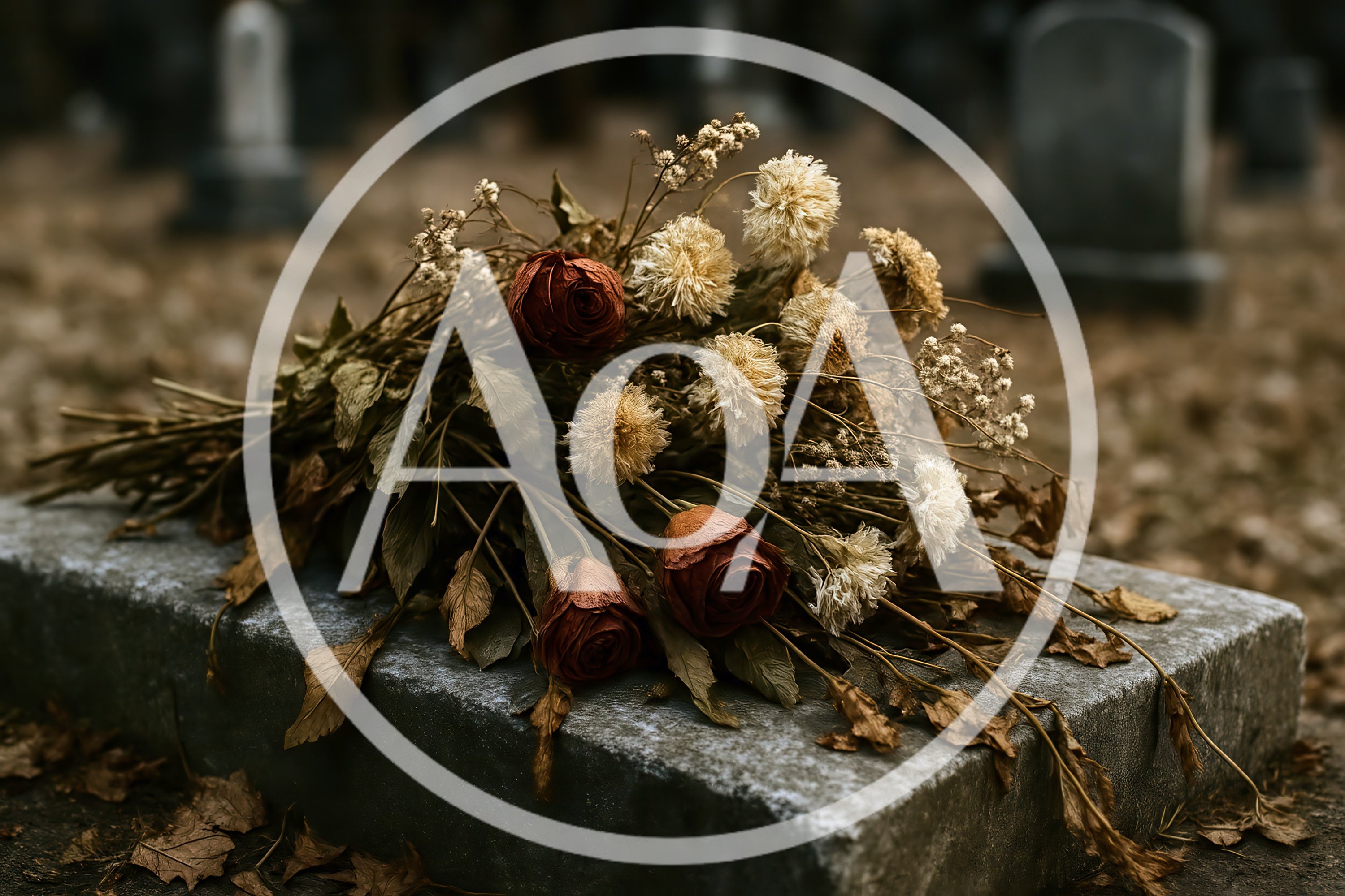Dried Flower Bouquet Resting On A Cemetery Headstone
