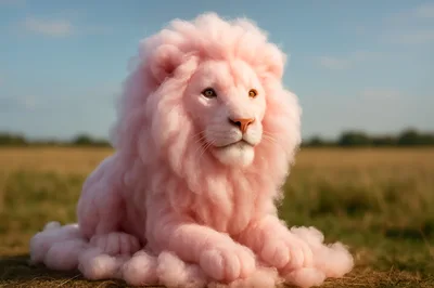 Surreal Pink Cotton Candy Lion Sitting In Field