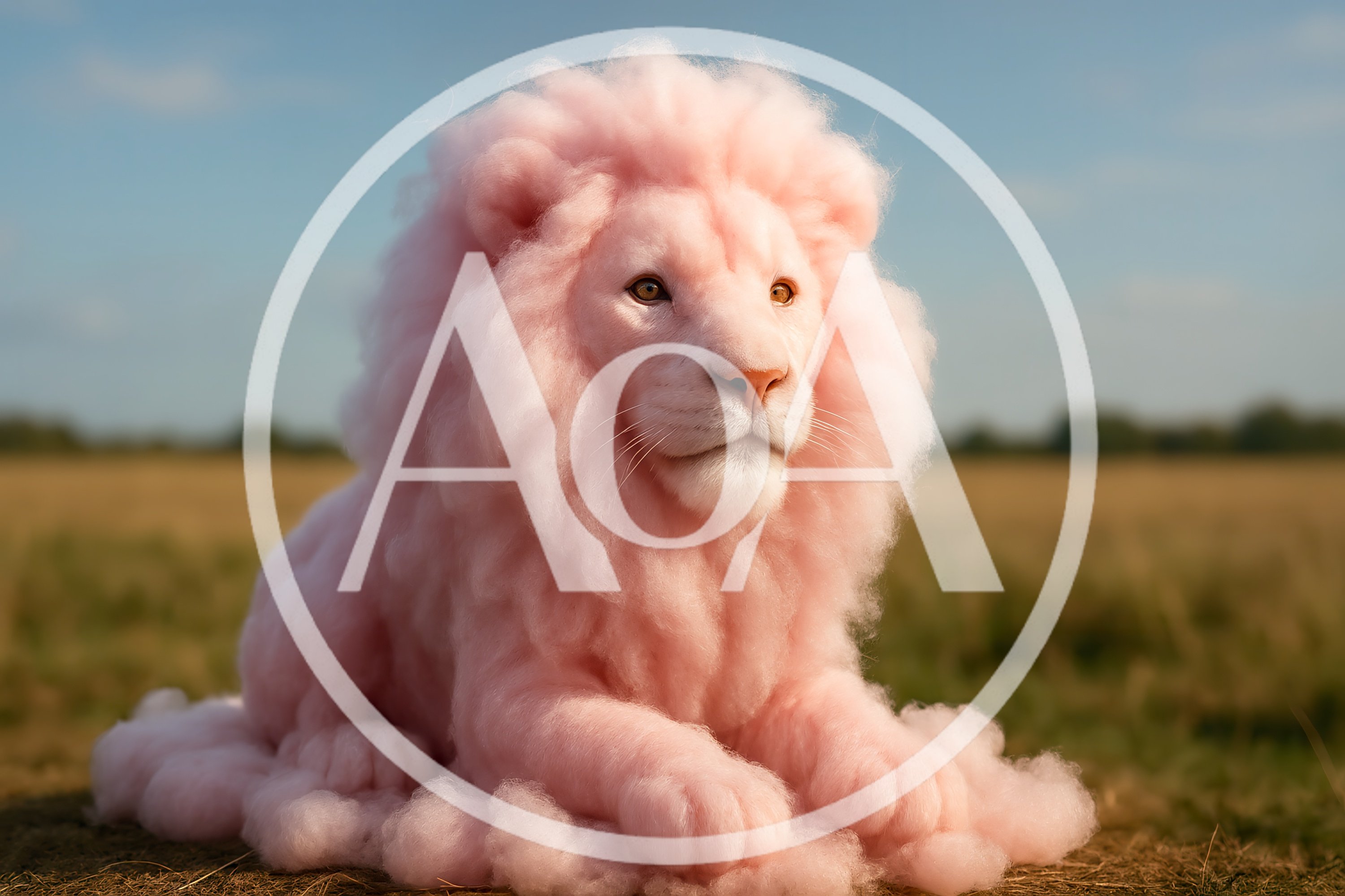 Surreal Pink Cotton Candy Lion Sitting In Field