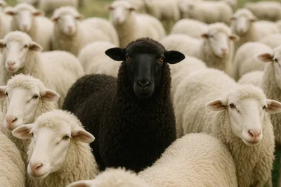 Black Sheep Standing Out In A Flock Of White Sheep