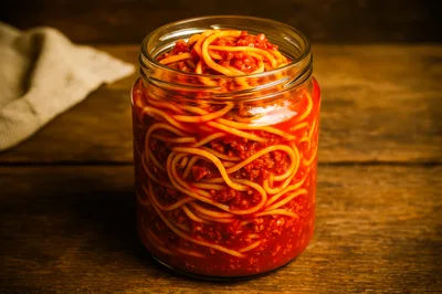Spaghetti Bolognese Served Inside A Glass Jar