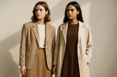 Two Professional Women Modeling Minimalist Neutral Fashion