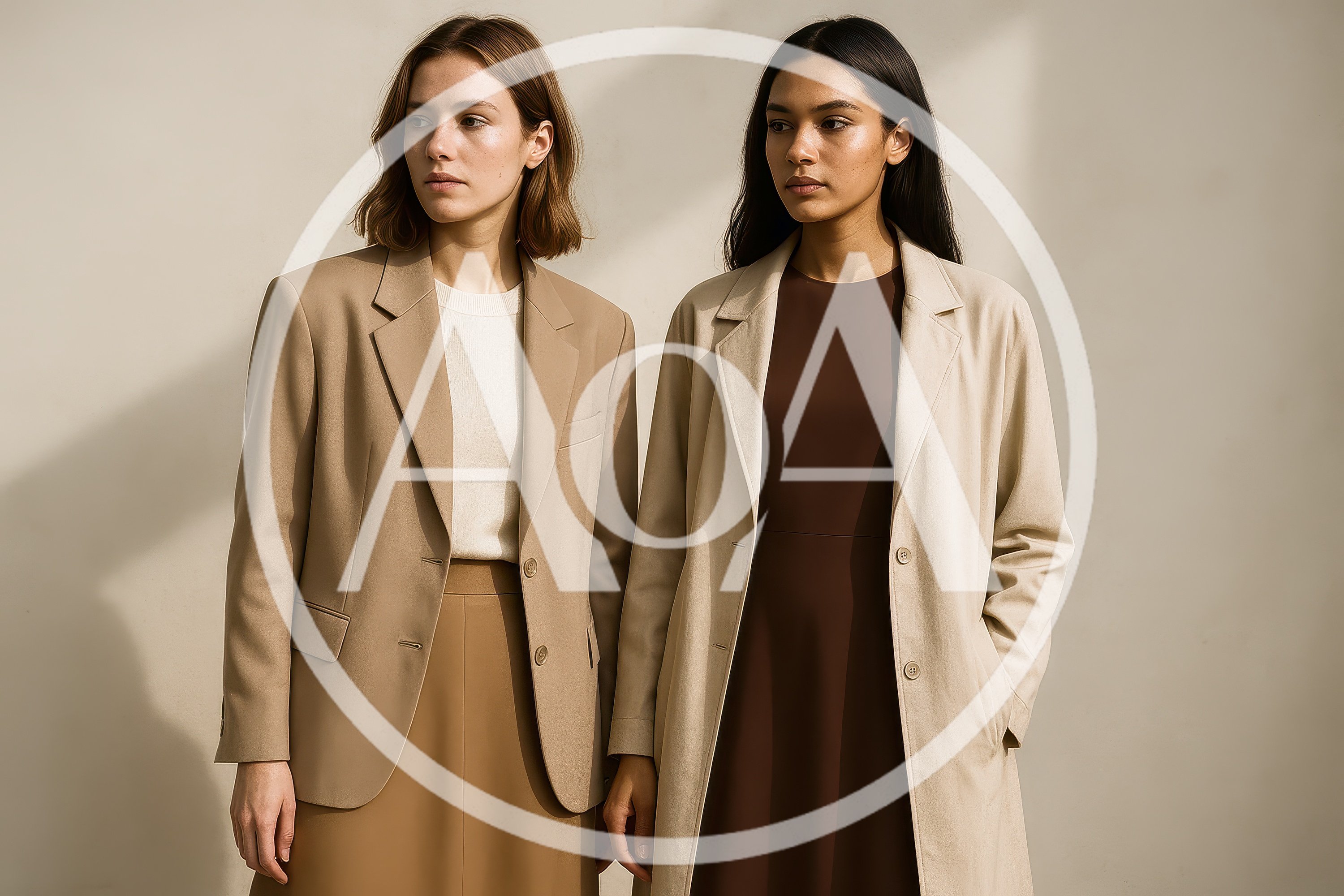 Two Professional Women Modeling Minimalist Neutral Fashion