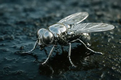 Metallic Silver Fly Sculpture On Wet Dark Surface