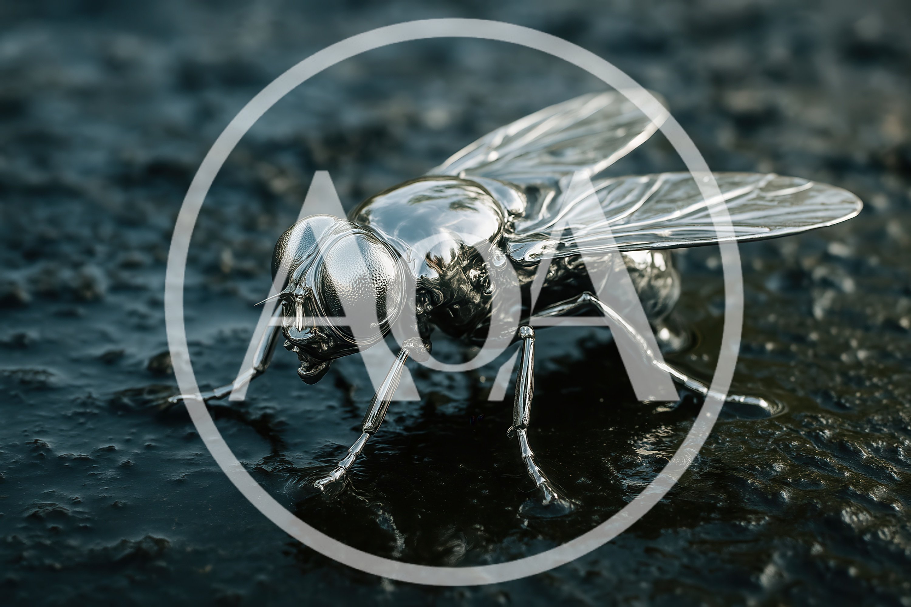 Metallic Silver Fly Sculpture On Wet Dark Surface