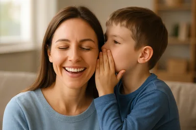 Young Boy Whispering A Secret To His Smiling Mother