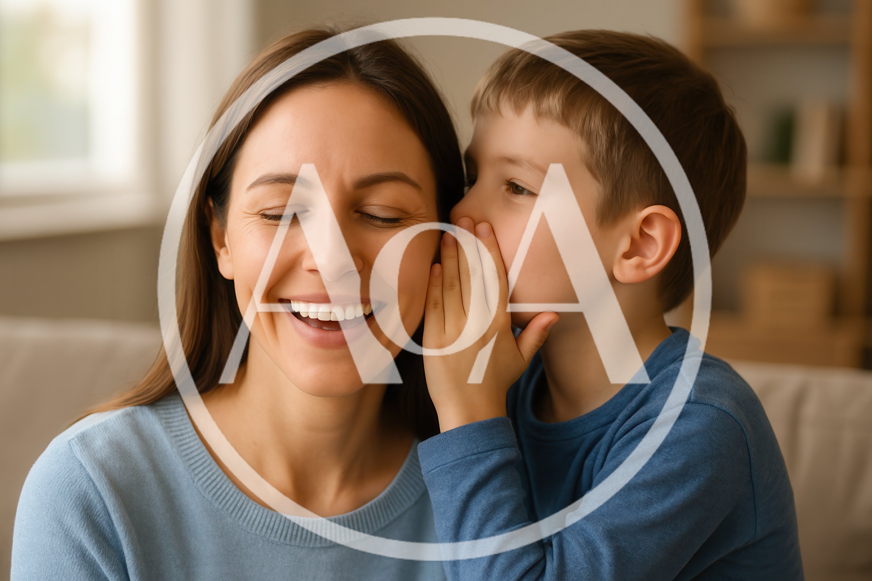 Young Boy Whispering A Secret To His Smiling Mother