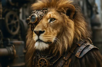Steampunk Lion Portrait With Mechanical Eye Gear