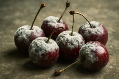 Group Of Moldy Cherries On A Textured Surface