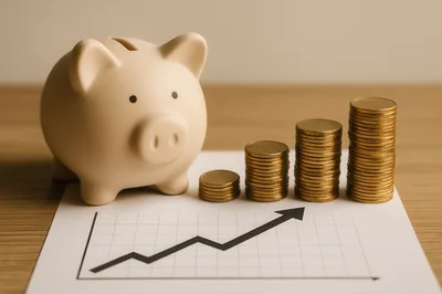 Piggy Bank With Stacks Of Coins And Growth Chart