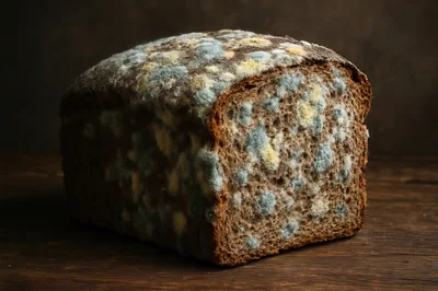 Moldy Loaf Of Dark Bread On Wooden Table