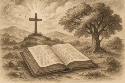 Open Bible With Cross On Hillside Sketch