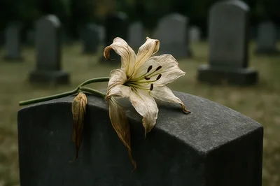 Wilted White Lily Resting On A Dark Granite Headstone