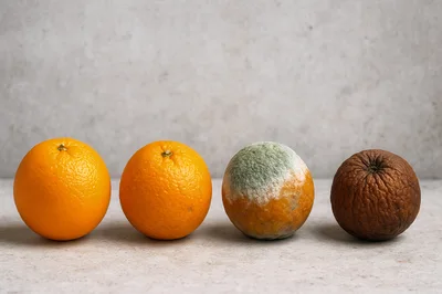 Four Oranges Showing Stages Of Decay And Decomposition