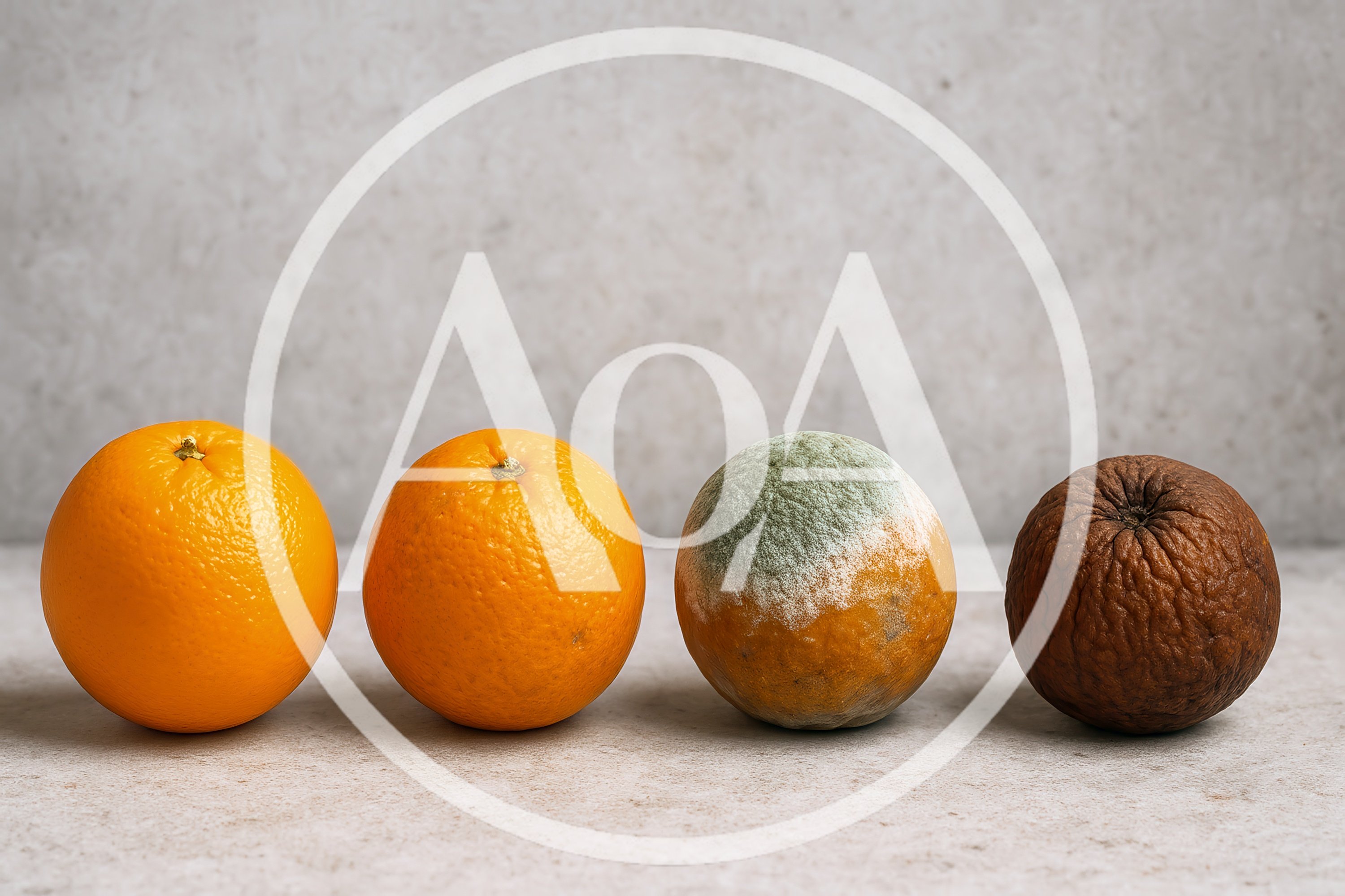Four Oranges Showing Stages Of Decay And Decomposition
