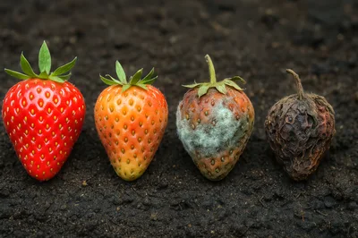 Four Strawberries Showing Stages Of Decay On Soil