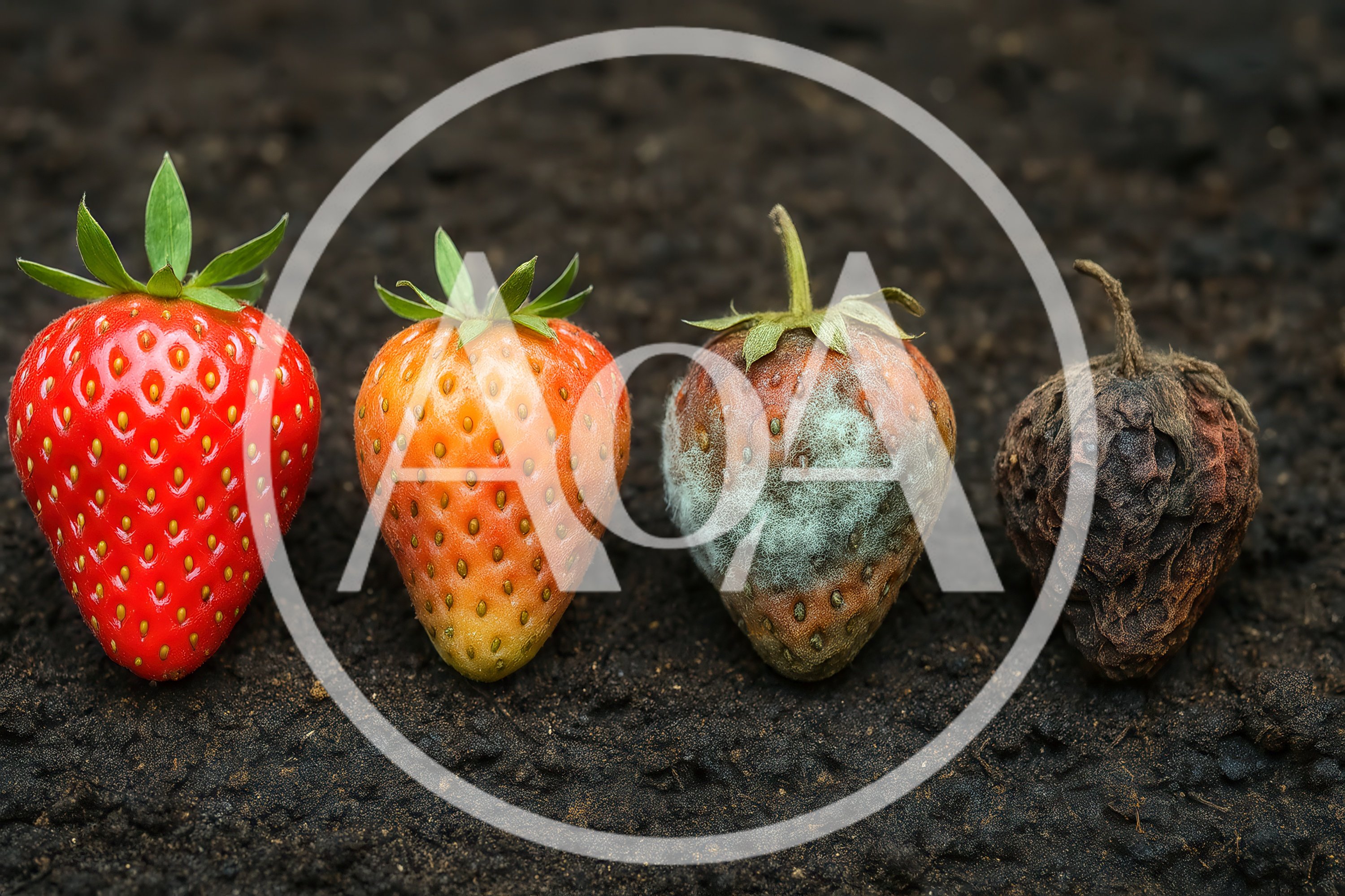 Four Strawberries Showing Stages Of Decay On Soil