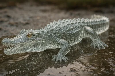 Transparent Glass Crocodile Sculpture On Wet Ground