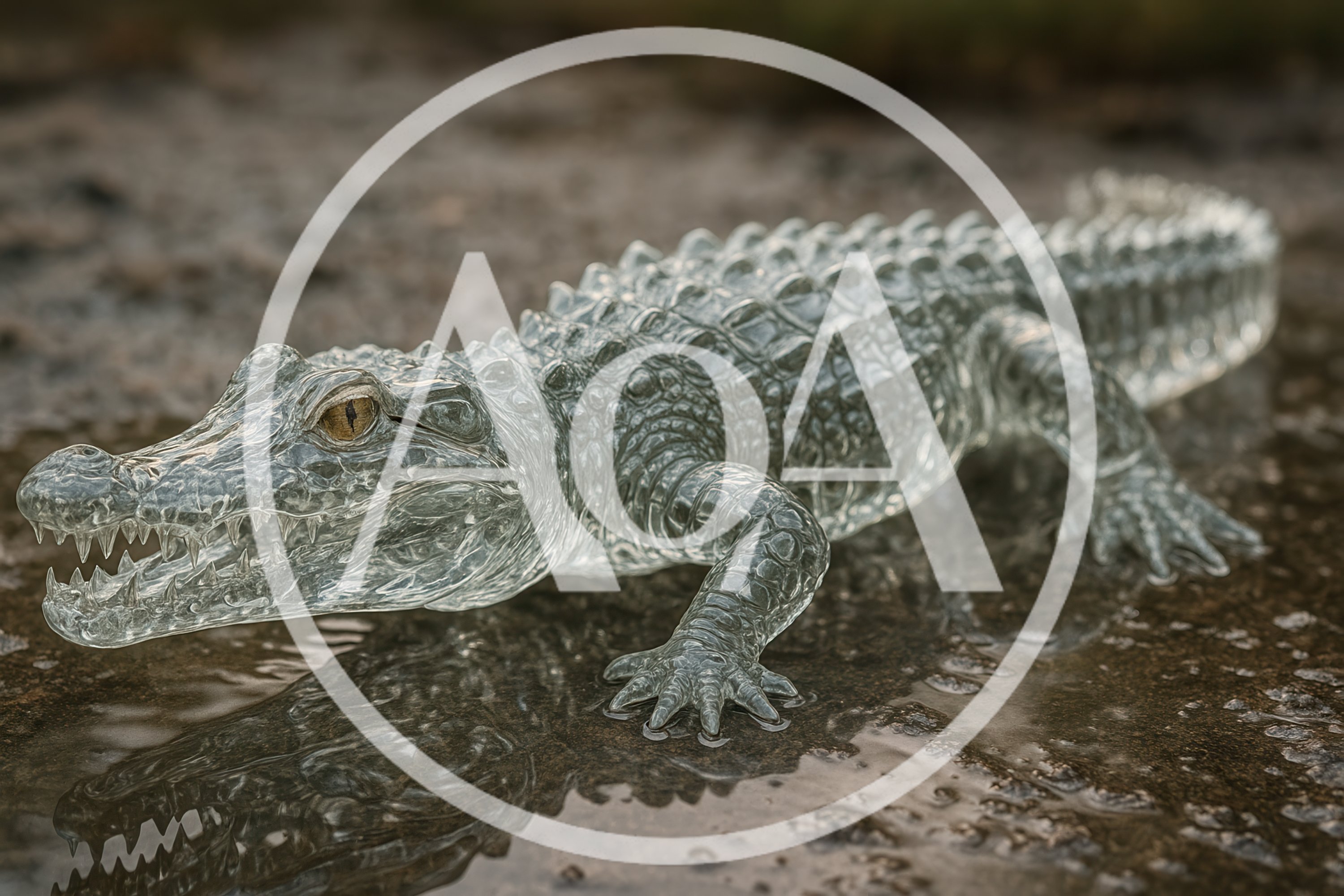 Transparent Glass Crocodile Sculpture On Wet Ground