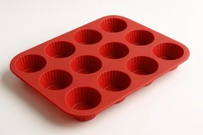 Red Silicone Muffin Pan On White Background