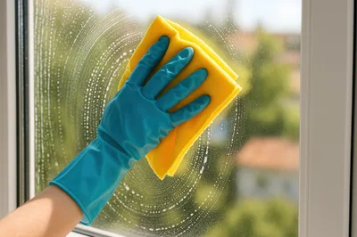 Person Cleaning Window With Yellow Cloth And Blue Glove