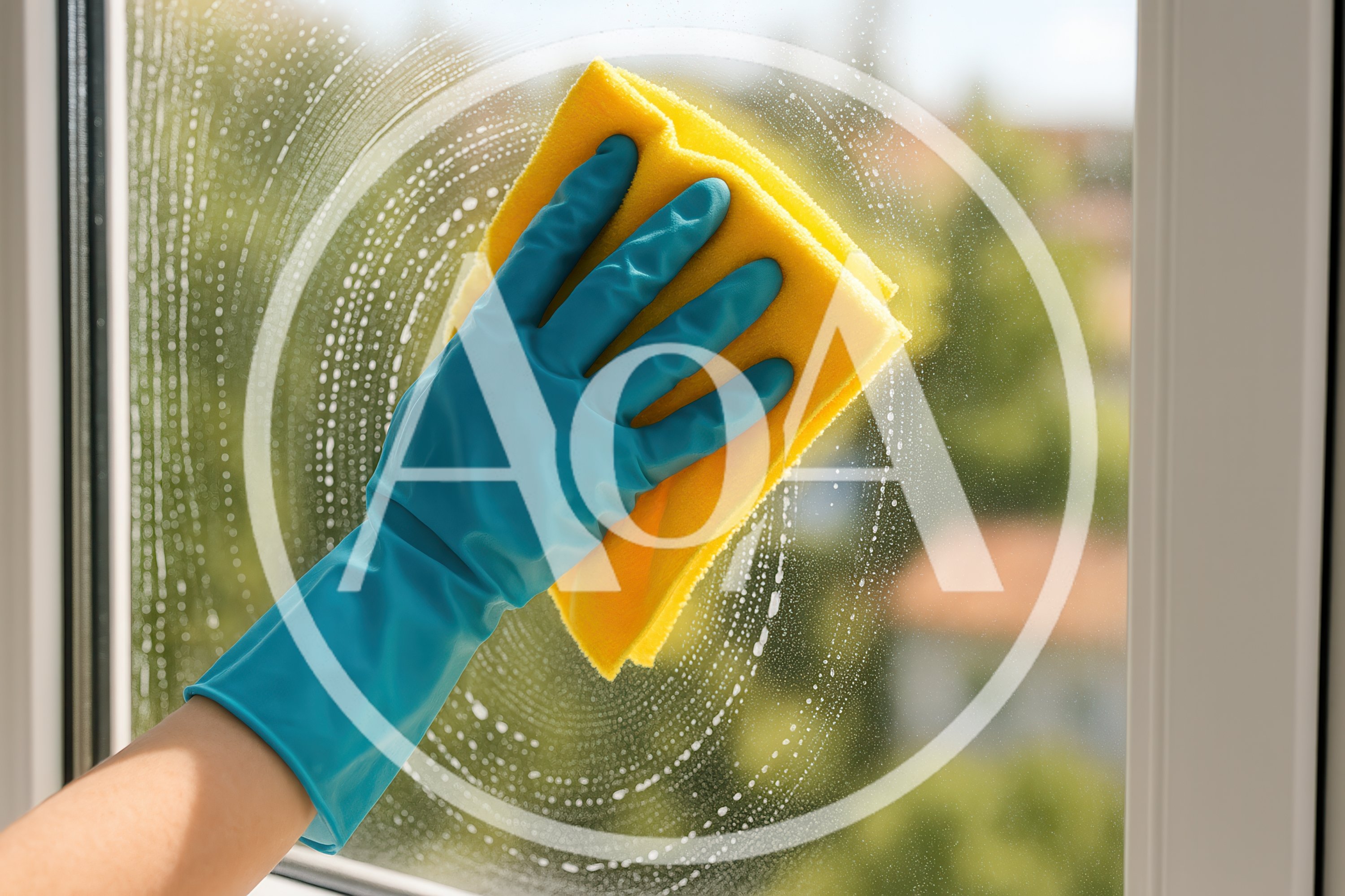 Person Cleaning Window With Yellow Cloth And Blue Glove