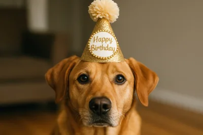 Golden Labrador Retriever Wearing A Birthday Party Hat