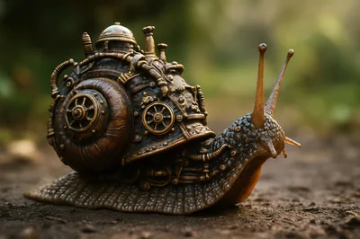 Steampunk Mechanical Snail Sculpture On Dirt Path