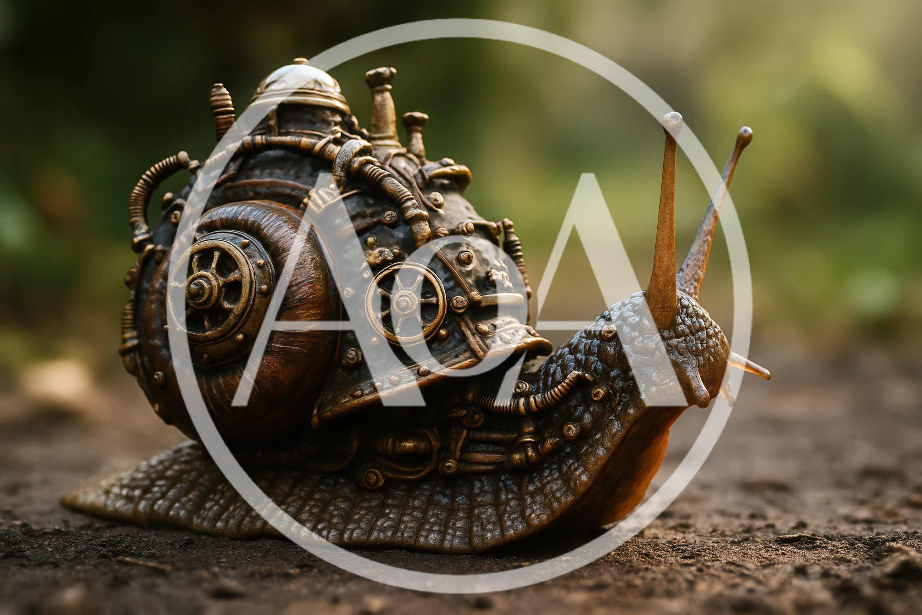 Steampunk Mechanical Snail Sculpture On Dirt Path