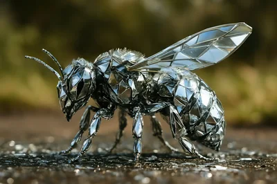 Metallic Geometric Bee Sculpture On Textured Surface