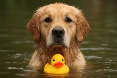 Golden Retriever Swimming With A Yellow Rubber Duck