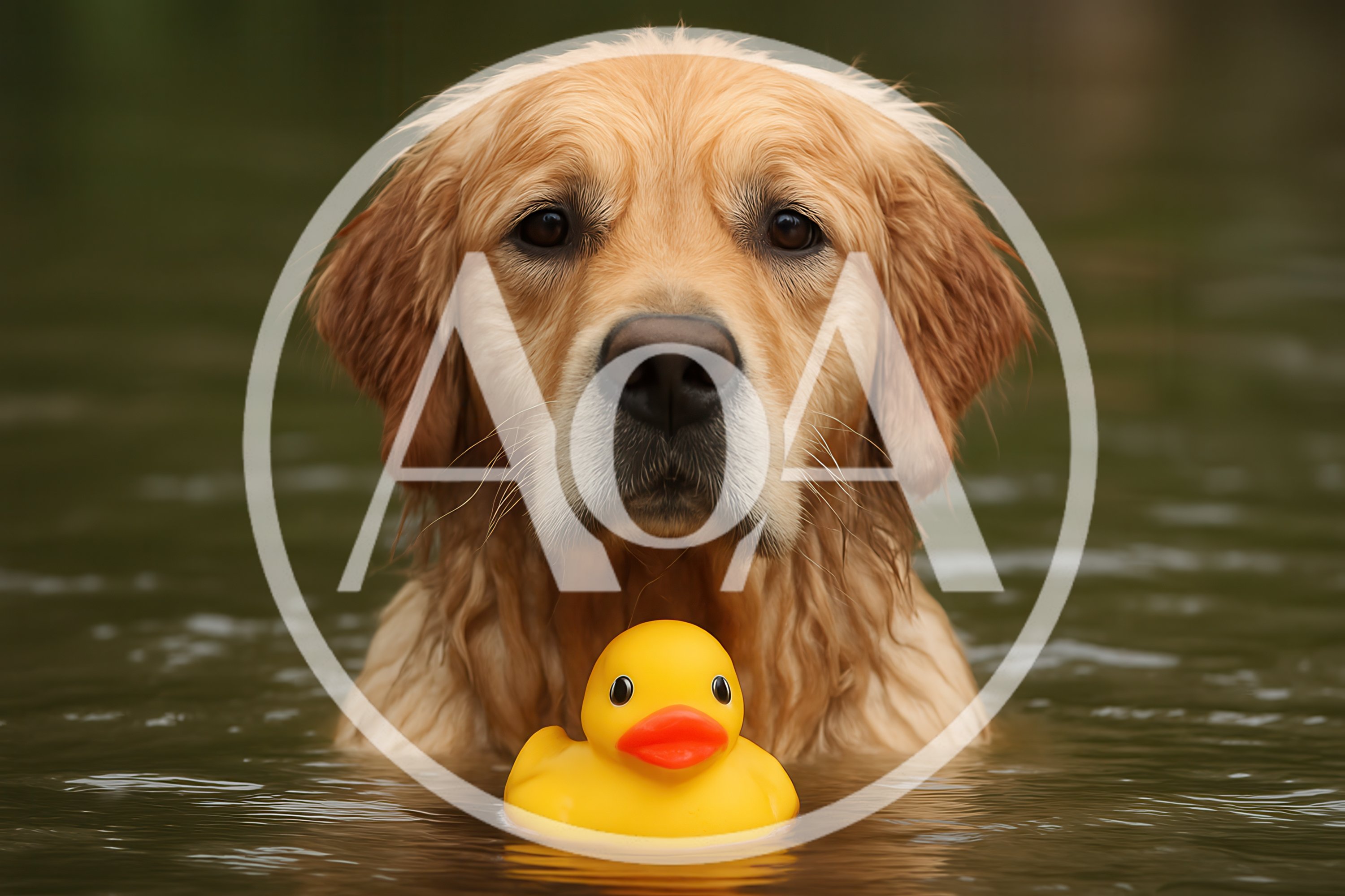 Golden Retriever Swimming With A Yellow Rubber Duck
