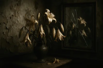 Withered Lilies In A Vase Before A Cracked Mirror