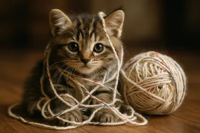 Cute Tabby Kitten Playing With A Ball Of Yarn